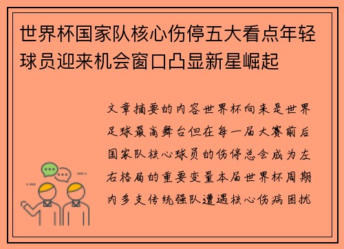 世界杯国家队核心伤停五大看点年轻球员迎来机会窗口凸显新星崛起